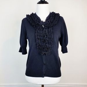 Hong Sung Wan Cardigan Sweater Ruffle Pointelle Knit Button Front Designer Black